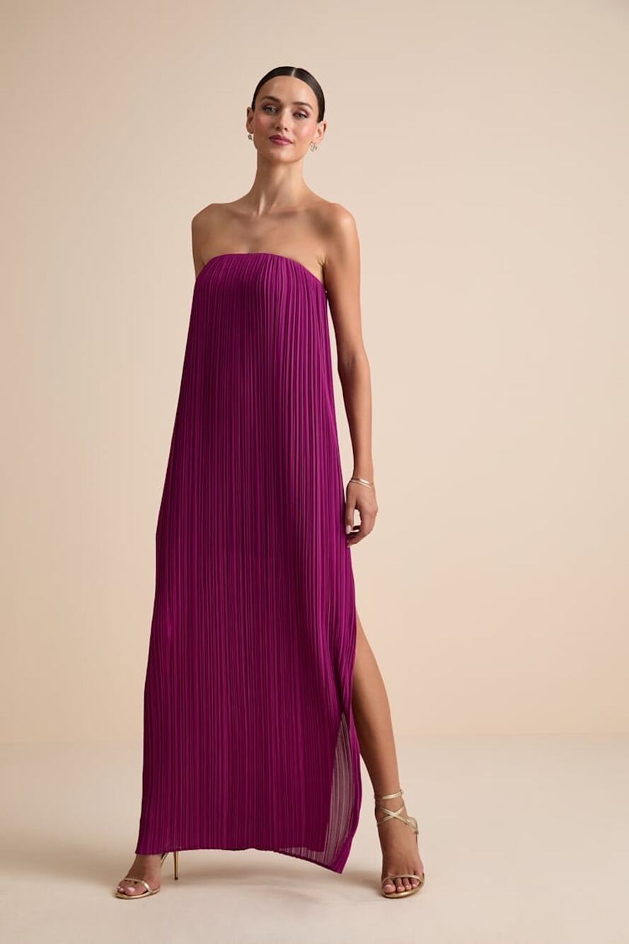Lulus Yamuna Magenta Pleated Strapless Maxi Dress Gala Banquet Holiday Large